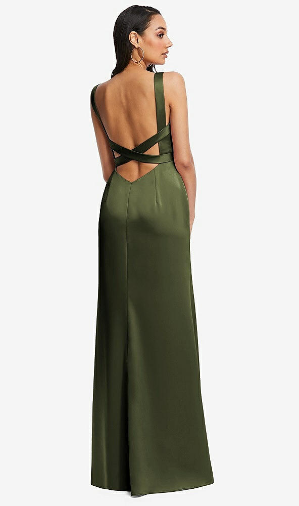 Back View - Olive Green Framed Bodice Criss Criss Open Back A-Line Maxi Dress
