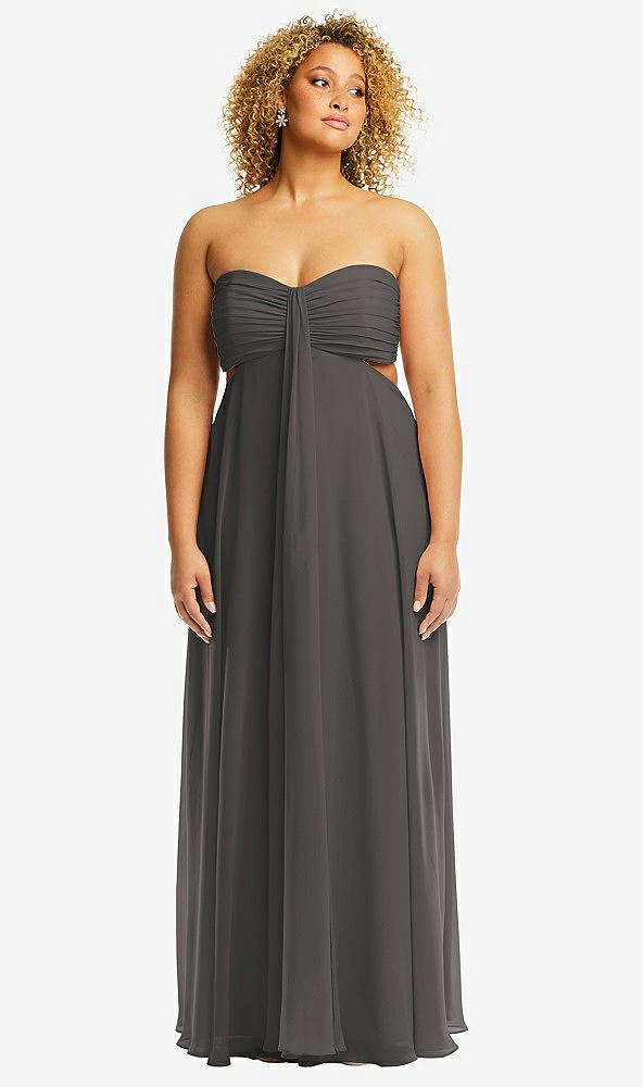 Front View - Caviar Gray Strapless Empire Waist Cutout Maxi Dress with Covered Button Detail