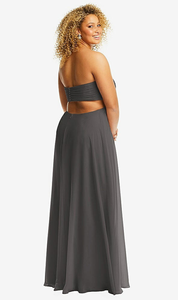Back View - Caviar Gray Strapless Empire Waist Cutout Maxi Dress with Covered Button Detail