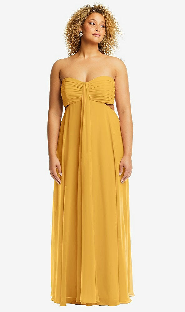 Front View - NYC Yellow Strapless Empire Waist Cutout Maxi Dress with Covered Button Detail