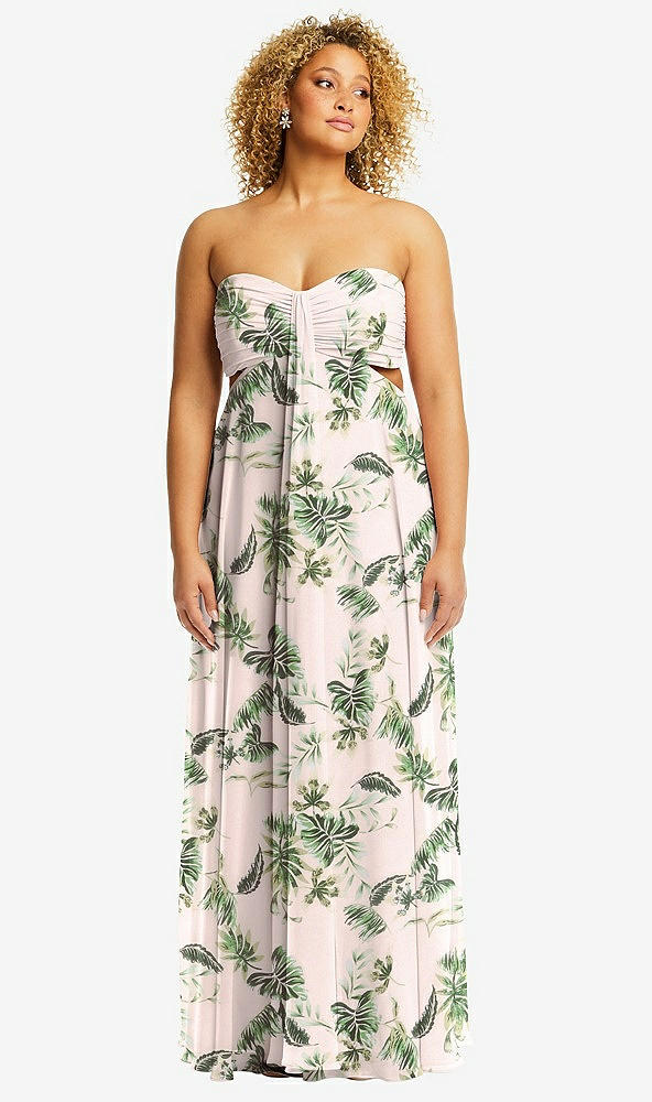 Front View - Palm Beach Print Strapless Empire Waist Cutout Maxi Dress with Covered Button Detail