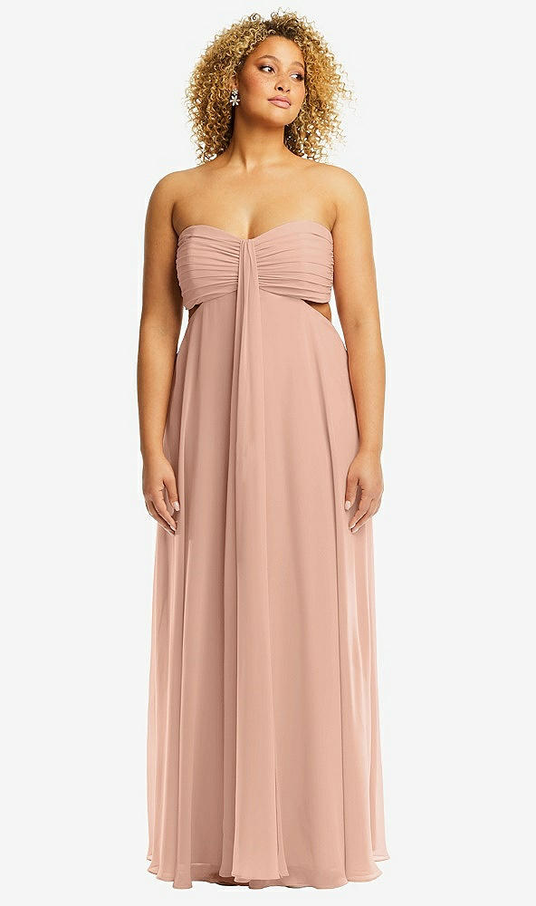 Front View - Pale Peach Strapless Empire Waist Cutout Maxi Dress with Covered Button Detail