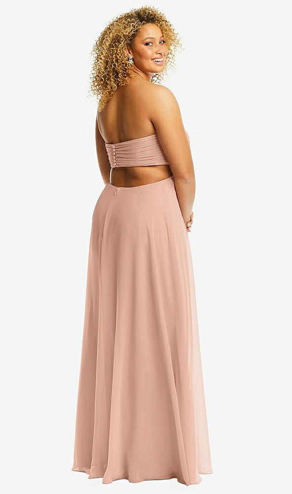 Back View - Pale Peach Strapless Empire Waist Cutout Maxi Dress with Covered Button Detail