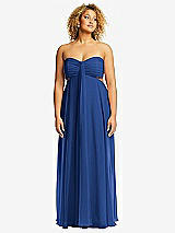 Front View Thumbnail - Classic Blue Strapless Empire Waist Cutout Maxi Dress with Covered Button Detail