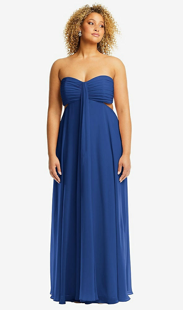 Front View - Classic Blue Strapless Empire Waist Cutout Maxi Dress with Covered Button Detail