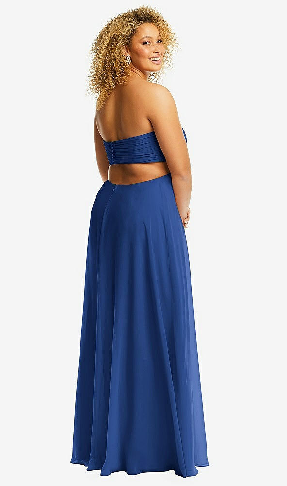 Back View - Classic Blue Strapless Empire Waist Cutout Maxi Dress with Covered Button Detail