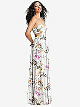 Alt View 1 Thumbnail - Butterfly Botanica Ivory Strapless Empire Waist Cutout Maxi Dress with Covered Button Detail