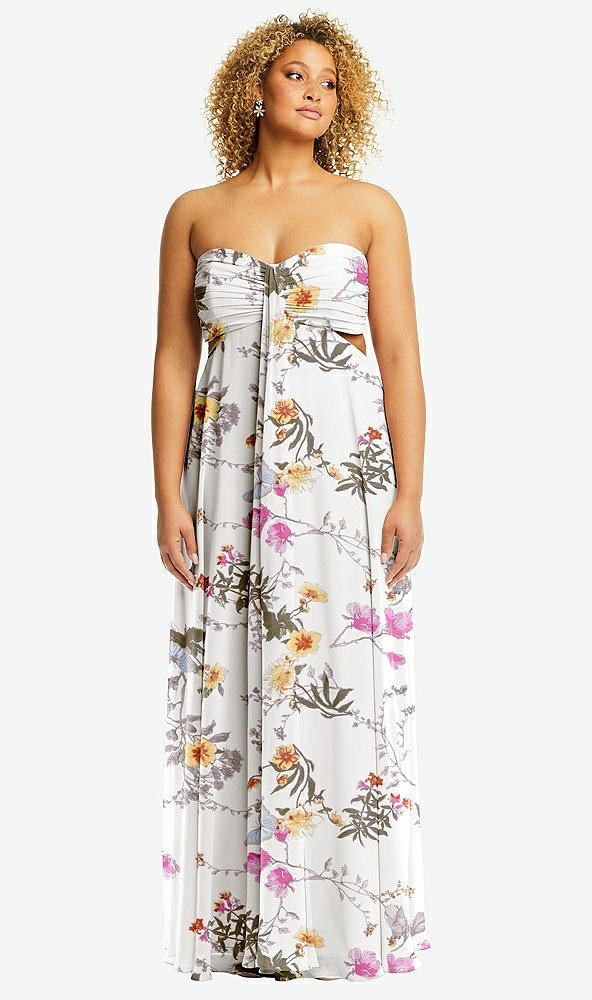 Front View - Butterfly Botanica Ivory Strapless Empire Waist Cutout Maxi Dress with Covered Button Detail