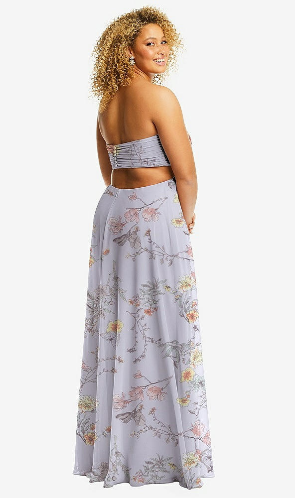 Back View - Butterfly Botanica Silver Dove Strapless Empire Waist Cutout Maxi Dress with Covered Button Detail