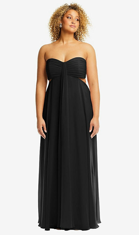 Front View - Black Strapless Empire Waist Cutout Maxi Dress with Covered Button Detail