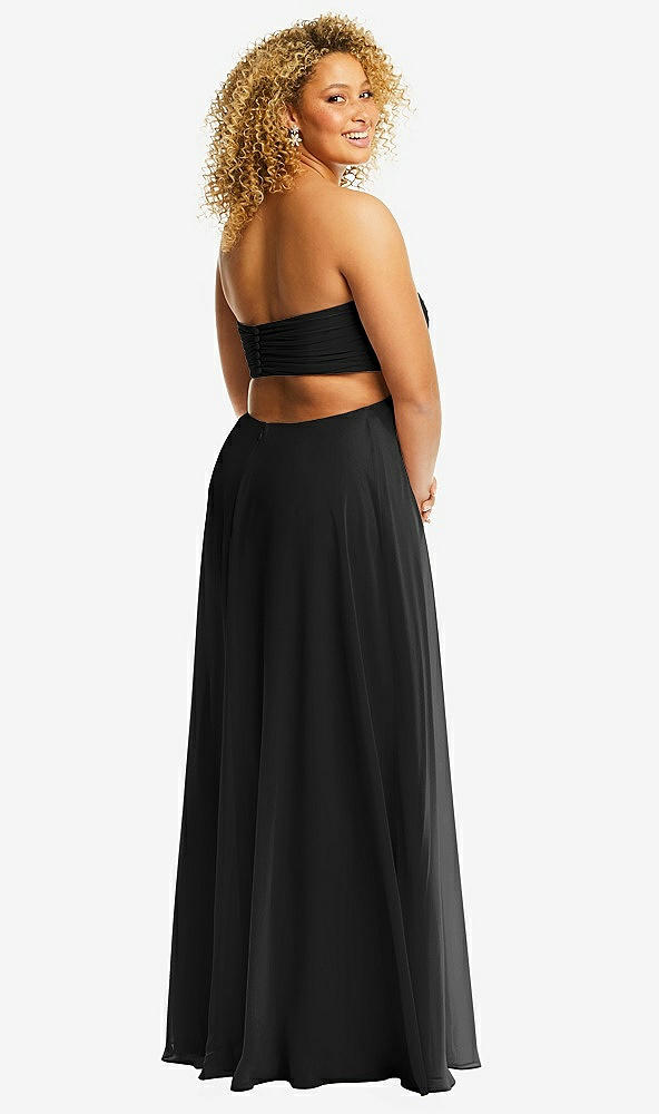 Back View - Black Strapless Empire Waist Cutout Maxi Dress with Covered Button Detail