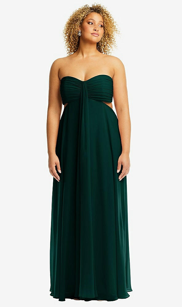 Front View - Evergreen Strapless Empire Waist Cutout Maxi Dress with Covered Button Detail