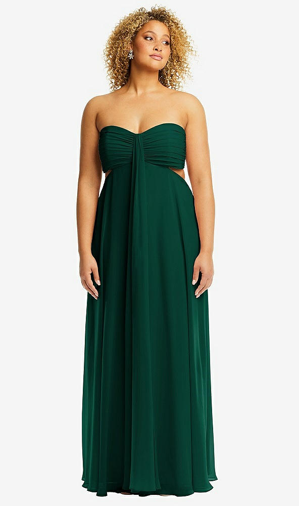 Front View - Hunter Green Strapless Empire Waist Cutout Maxi Dress with Covered Button Detail