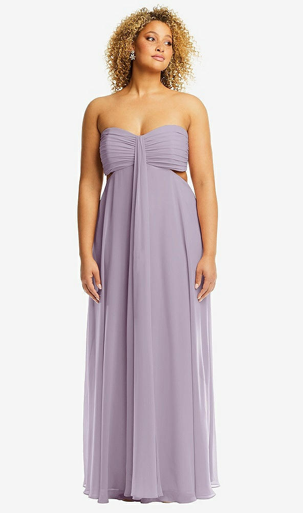 Front View - Lilac Haze Strapless Empire Waist Cutout Maxi Dress with Covered Button Detail