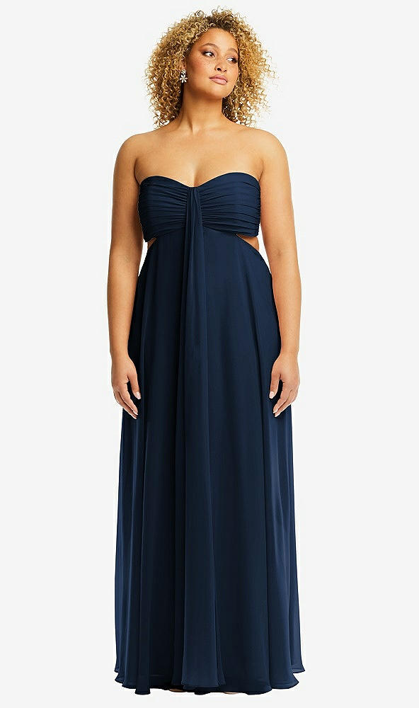 Front View - Midnight Navy Strapless Empire Waist Cutout Maxi Dress with Covered Button Detail