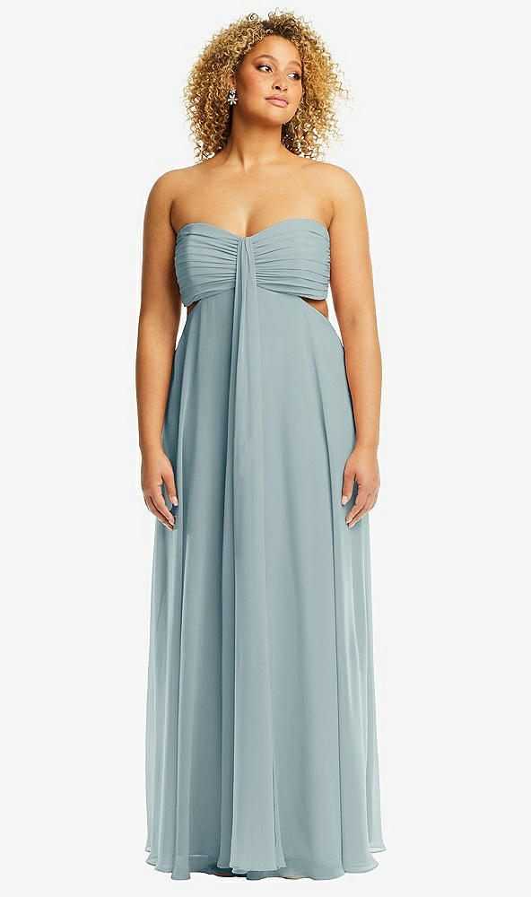 Front View - Morning Sky Strapless Empire Waist Cutout Maxi Dress with Covered Button Detail