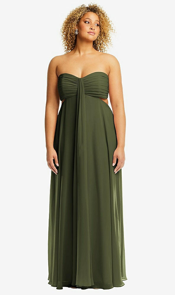 Front View - Olive Green Strapless Empire Waist Cutout Maxi Dress with Covered Button Detail