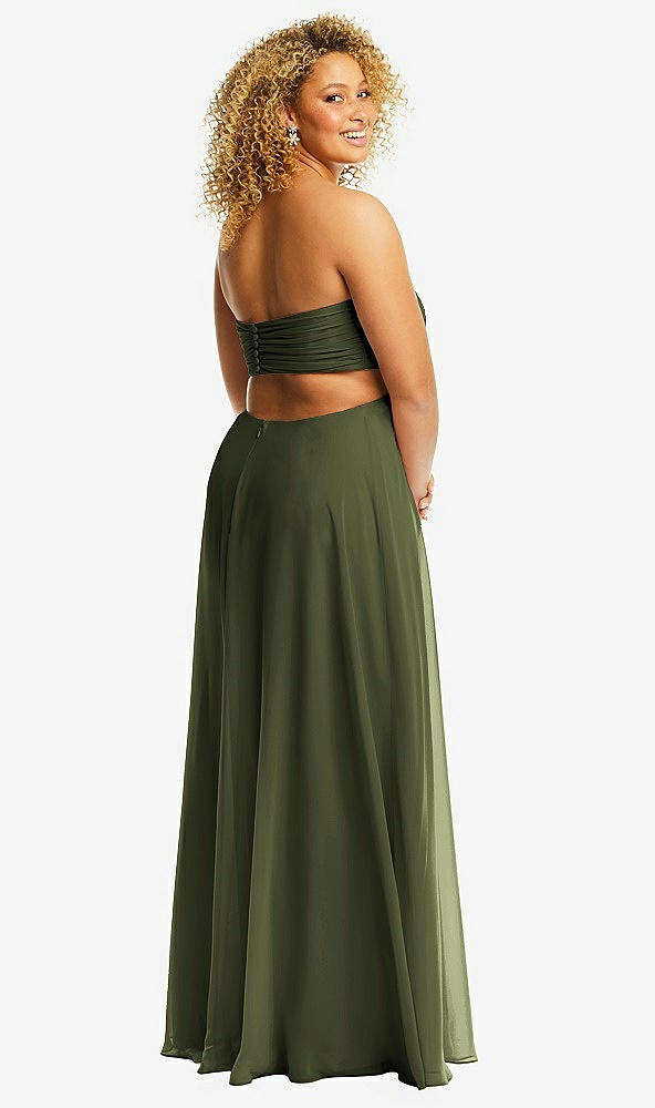 Back View - Olive Green Strapless Empire Waist Cutout Maxi Dress with Covered Button Detail