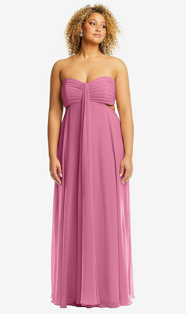 Front View - Orchid Pink Strapless Empire Waist Cutout Maxi Dress with Covered Button Detail