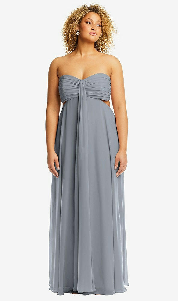 Front View - Platinum Strapless Empire Waist Cutout Maxi Dress with Covered Button Detail