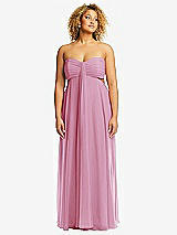 Front View Thumbnail - Powder Pink Strapless Empire Waist Cutout Maxi Dress with Covered Button Detail