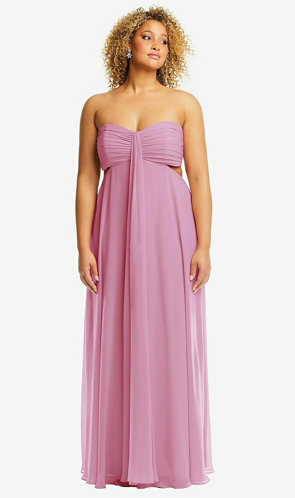 Front View - Powder Pink Strapless Empire Waist Cutout Maxi Dress with Covered Button Detail