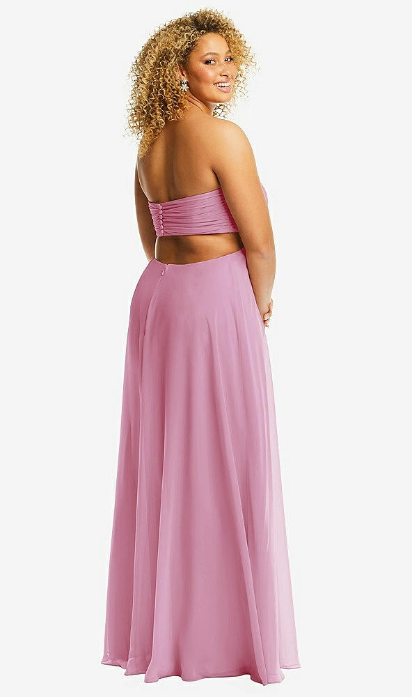 Back View - Powder Pink Strapless Empire Waist Cutout Maxi Dress with Covered Button Detail