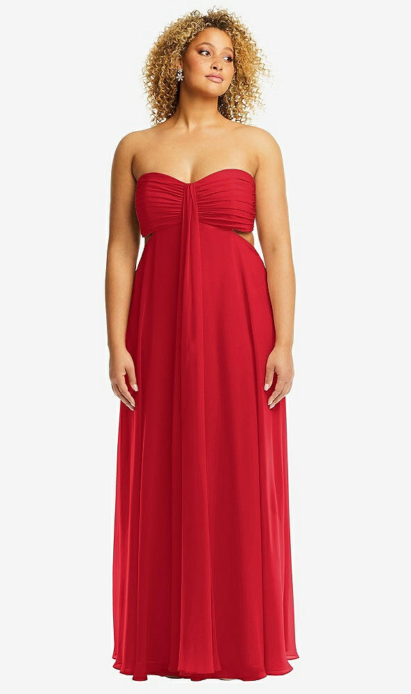 Front View - Parisian Red Strapless Empire Waist Cutout Maxi Dress with Covered Button Detail