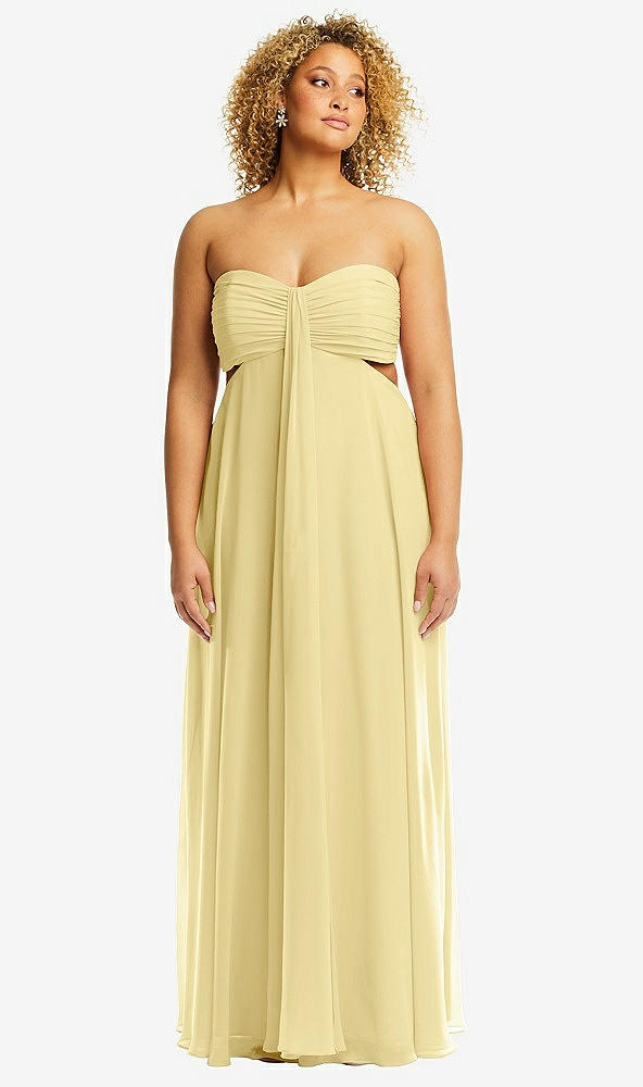 Front View - Pale Yellow Strapless Empire Waist Cutout Maxi Dress with Covered Button Detail