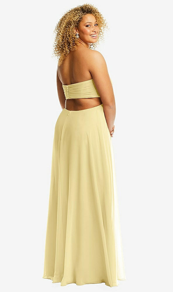 Back View - Pale Yellow Strapless Empire Waist Cutout Maxi Dress with Covered Button Detail