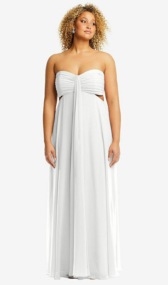 Front View - White Strapless Empire Waist Cutout Maxi Dress with Covered Button Detail