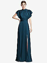 Front View Thumbnail - Atlantic Blue Shirred Stand Collar Flutter Sleeve Open-Back Maxi Dress with Sash