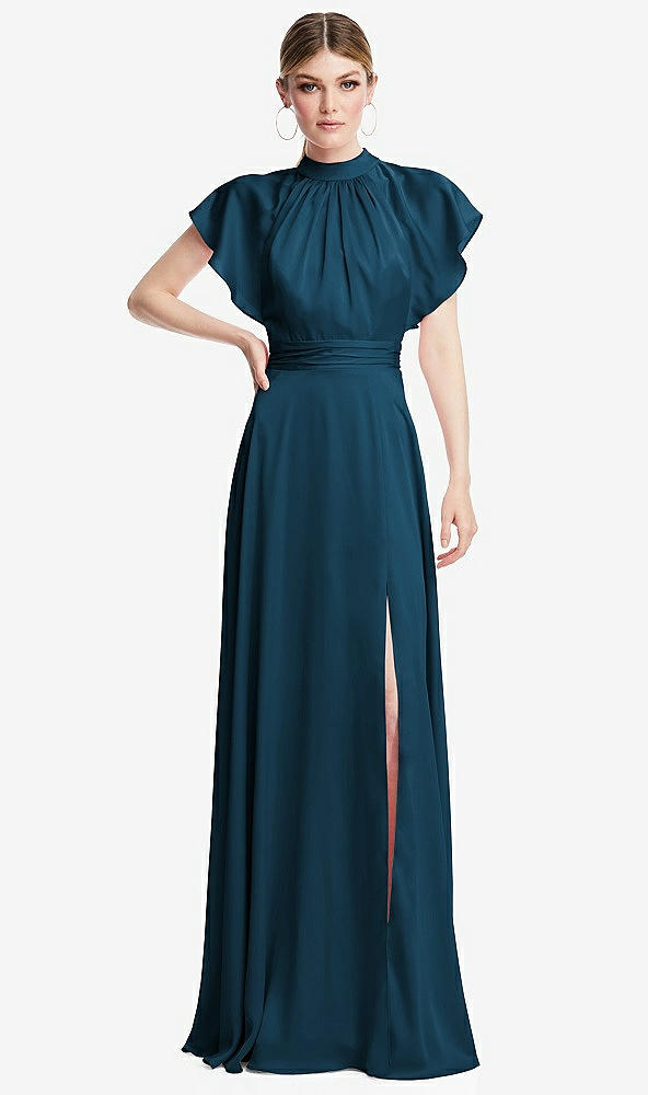 Front View - Atlantic Blue Shirred Stand Collar Flutter Sleeve Open-Back Maxi Dress with Sash