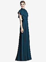 Side View Thumbnail - Atlantic Blue Shirred Stand Collar Flutter Sleeve Open-Back Maxi Dress with Sash