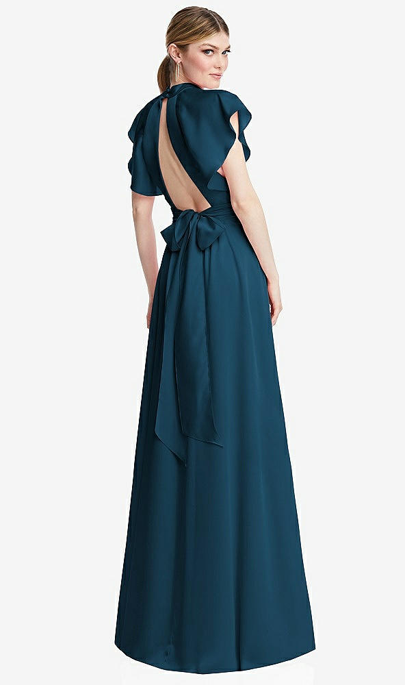 Back View - Atlantic Blue Shirred Stand Collar Flutter Sleeve Open-Back Maxi Dress with Sash