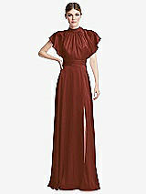 Front View Thumbnail - Auburn Moon Shirred Stand Collar Flutter Sleeve Open-Back Maxi Dress with Sash