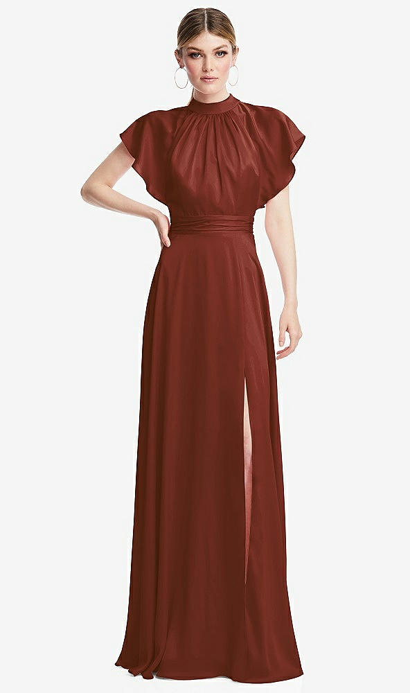 Front View - Auburn Moon Shirred Stand Collar Flutter Sleeve Open-Back Maxi Dress with Sash