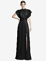 Front View Thumbnail - Black Shirred Stand Collar Flutter Sleeve Open-Back Maxi Dress with Sash