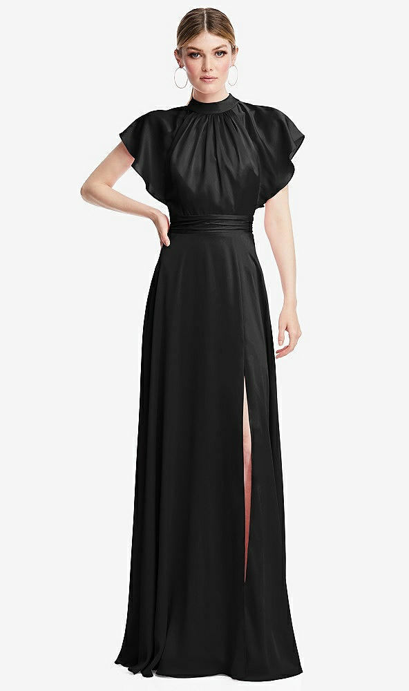 Front View - Black Shirred Stand Collar Flutter Sleeve Open-Back Maxi Dress with Sash