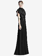 Side View Thumbnail - Black Shirred Stand Collar Flutter Sleeve Open-Back Maxi Dress with Sash