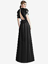 Rear View Thumbnail - Black Shirred Stand Collar Flutter Sleeve Open-Back Maxi Dress with Sash
