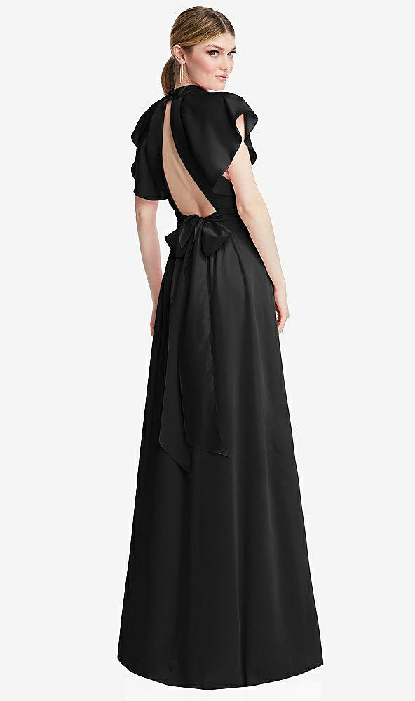 Back View - Black Shirred Stand Collar Flutter Sleeve Open-Back Maxi Dress with Sash