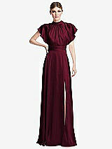 Front View Thumbnail - Cabernet Shirred Stand Collar Flutter Sleeve Open-Back Maxi Dress with Sash