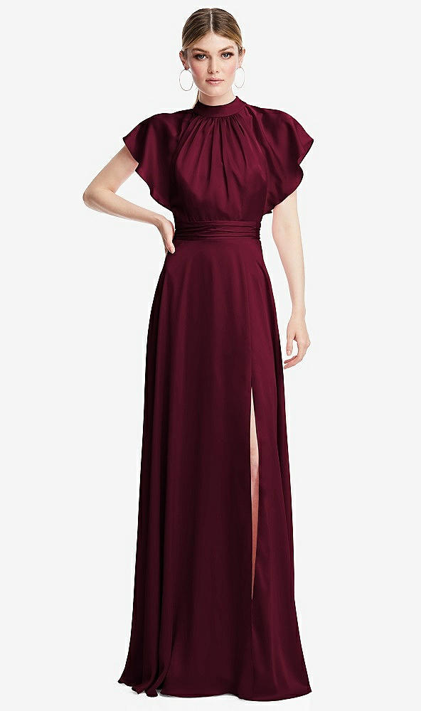 Front View - Cabernet Shirred Stand Collar Flutter Sleeve Open-Back Maxi Dress with Sash