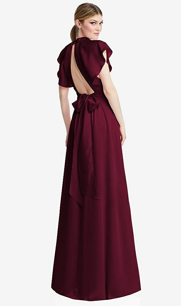 Back View - Cabernet Shirred Stand Collar Flutter Sleeve Open-Back Maxi Dress with Sash