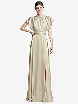Front View Thumbnail - Champagne Shirred Stand Collar Flutter Sleeve Open-Back Maxi Dress with Sash