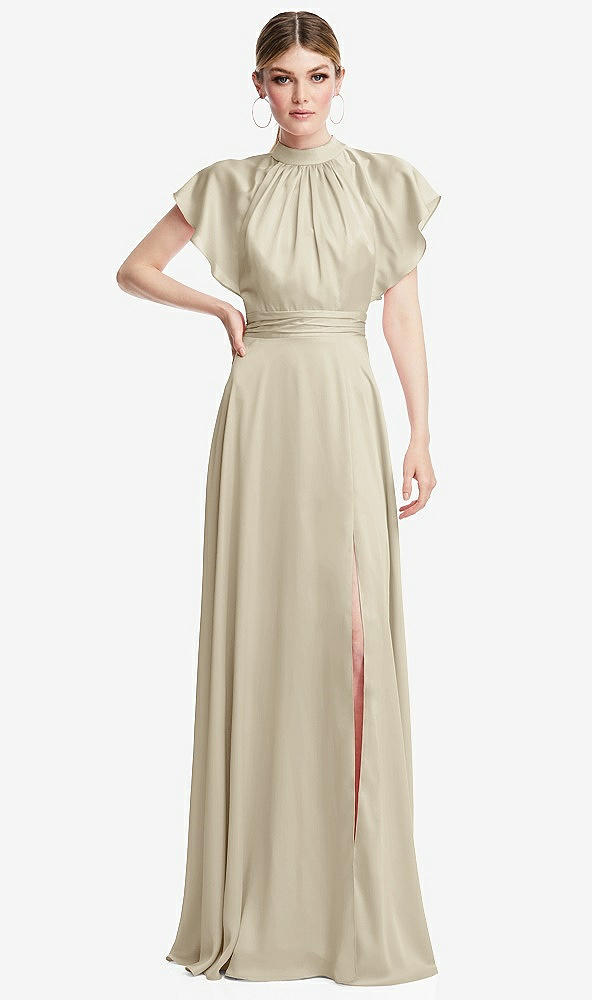 Front View - Champagne Shirred Stand Collar Flutter Sleeve Open-Back Maxi Dress with Sash