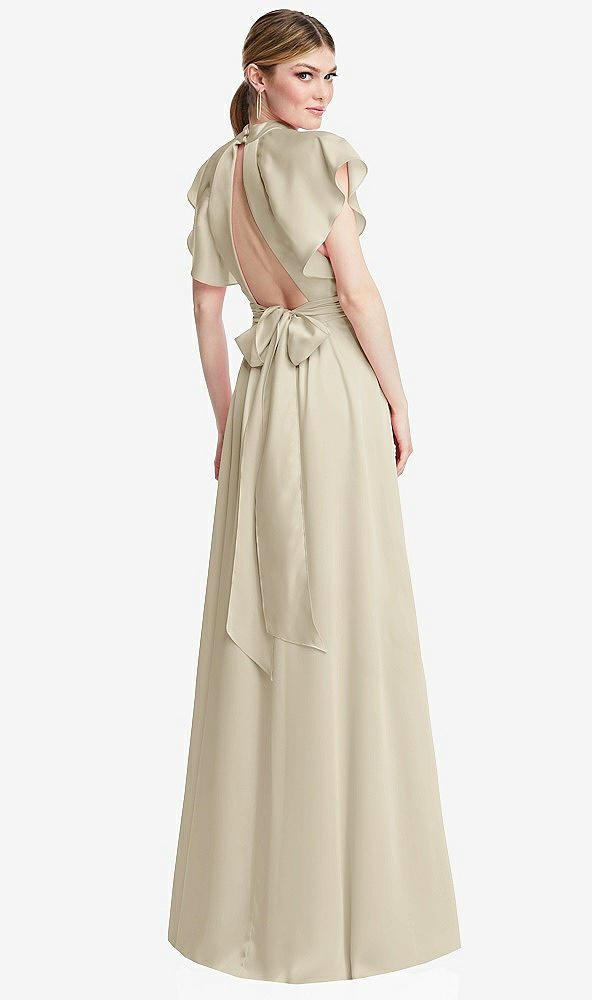 Back View - Champagne Shirred Stand Collar Flutter Sleeve Open-Back Maxi Dress with Sash