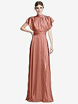 Front View Thumbnail - Desert Rose Shirred Stand Collar Flutter Sleeve Open-Back Maxi Dress with Sash