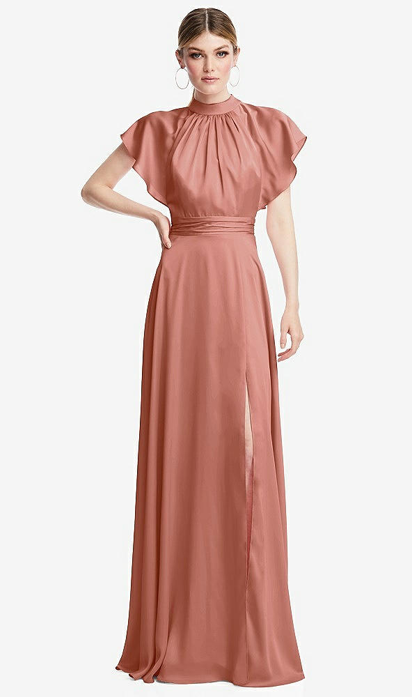 Front View - Desert Rose Shirred Stand Collar Flutter Sleeve Open-Back Maxi Dress with Sash